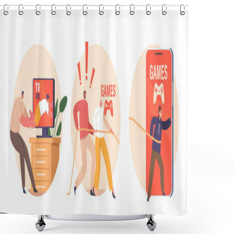 Personality  Isolated Round Icons Parents Characters Pull Their Child On A Rope, Shielding From Gaming Addiction And Potential Dangers Of Harmful Content On Tv Set Screen. Cartoon People Vector Illustration Shower Curtains