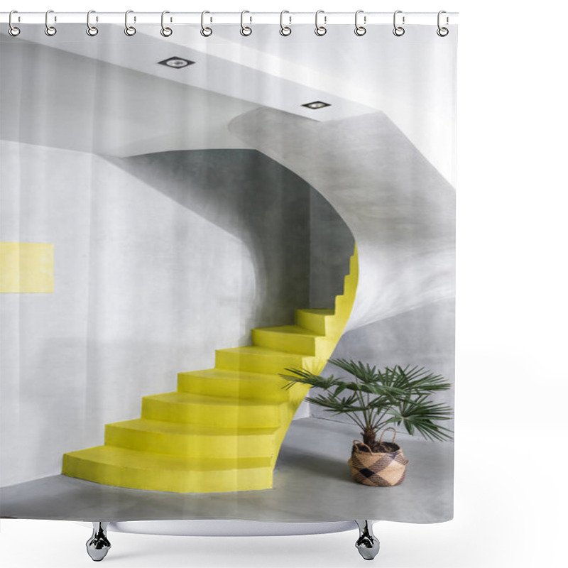 Personality  Modern Interior With Concrete Walls And Yellow Stairs Near Plant Shower Curtains