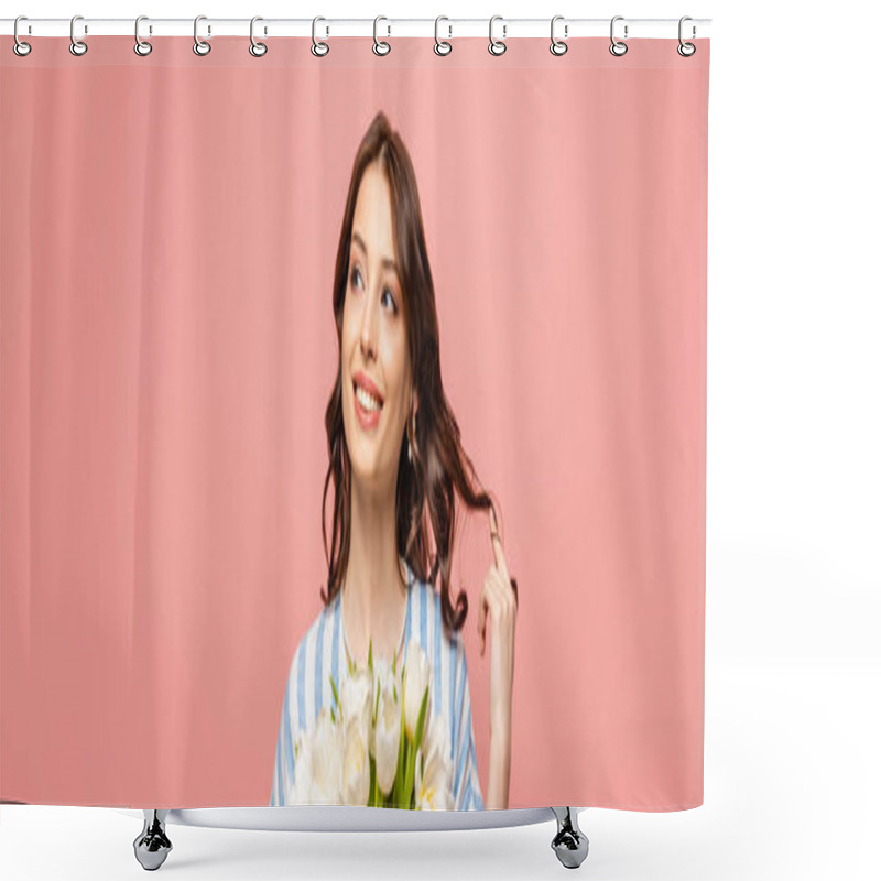 Personality  Panoramic Shot Of Cheerful Girl Touching Hair While Holding Bouquet Of White Tulips Isolated On Pink Shower Curtains