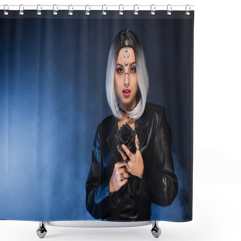 Personality  Young Woman In Witch Halloween Costume Holding Black Rose On Dark Background With Blue Fog Shower Curtains