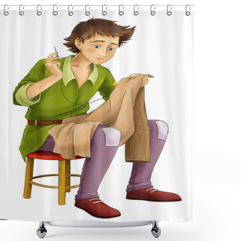 Personality  Cartoon Boy - Sitting And Working - Sewing - Isolated - Handsome Manga Boy - Illustration For Children Shower Curtains