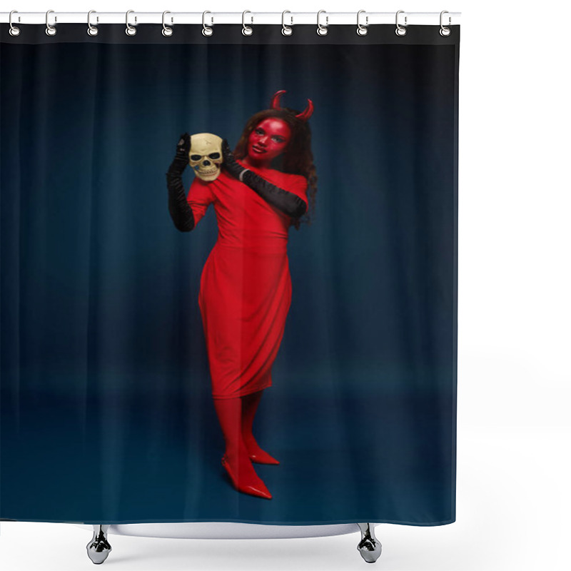 Personality  A Stunning Woman Dressed As A Devil Gracefully Poses With A Skull, Embracing Halloween Spirit. Shower Curtains