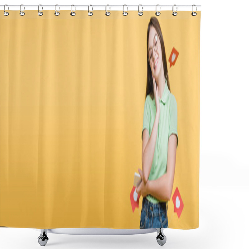 Personality  Positive Girl In Eyeglasses Holding Smartphone Near Paper Hearts On Sticks Isolated On Yellow, Banner  Shower Curtains