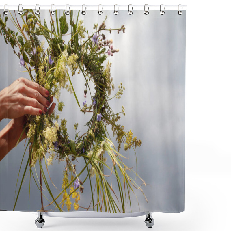 Personality  Hands Of Woman Crafting The Wreath Of Wildflowers On A Blue Cloudy Sky Shower Curtains