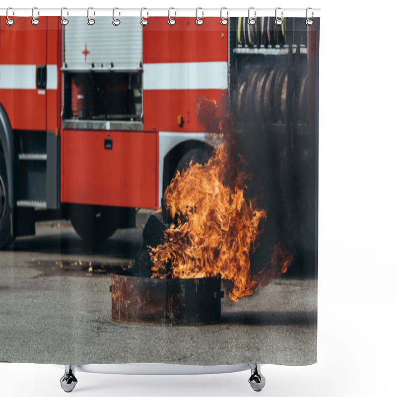 Personality  Close Up View Of Burning Flame And Fire Truck On Street Shower Curtains