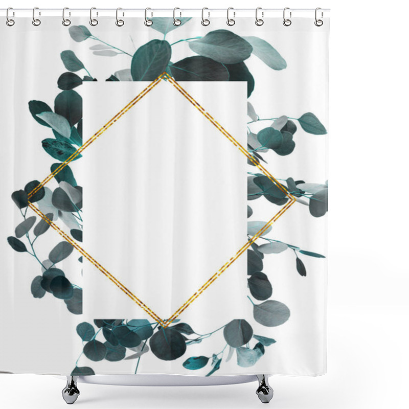 Personality  Floral Design With Green Eucalyptus Branches And Golden Frame Shower Curtains