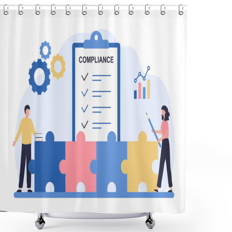 Personality  Regulatory Compliance Concept. Business People Read Laws, Discuss Changes, Plan The Implementation Of Rules And The Development Of The Company. Flat Vector Illustration Isolated On White Background. Shower Curtains