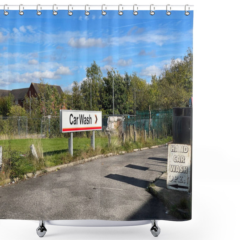 Personality  Car Wash Facility With Signage On A Sunny Day. The Setting Is Surrounded By Greenery And Clear Blue Skies, Creating A Welcoming Atmosphere. Shower Curtains