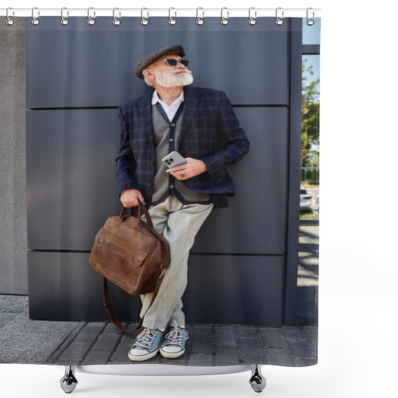 Personality  A Fashionable Senior Gentleman Stands With Confidence Near A Contemporary Structure, Embracing The Autumn Vibe. Shower Curtains