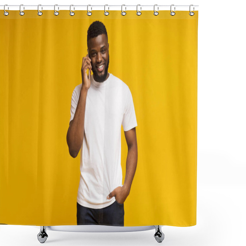 Personality  Happy Millennial Guy Talking On Mobile Phone And Smiling Shower Curtains