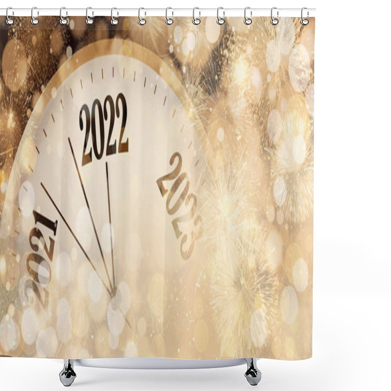 Personality  Clock Counting Last Moments To New 2022 Year And Beautiful Fireworks On Background, Banner Design Shower Curtains