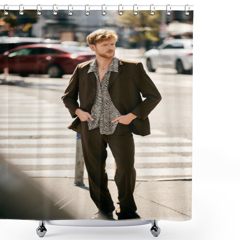 Personality  Red-haired Man In Stylish Suit Standing Confidently At City Street Corner. Shower Curtains