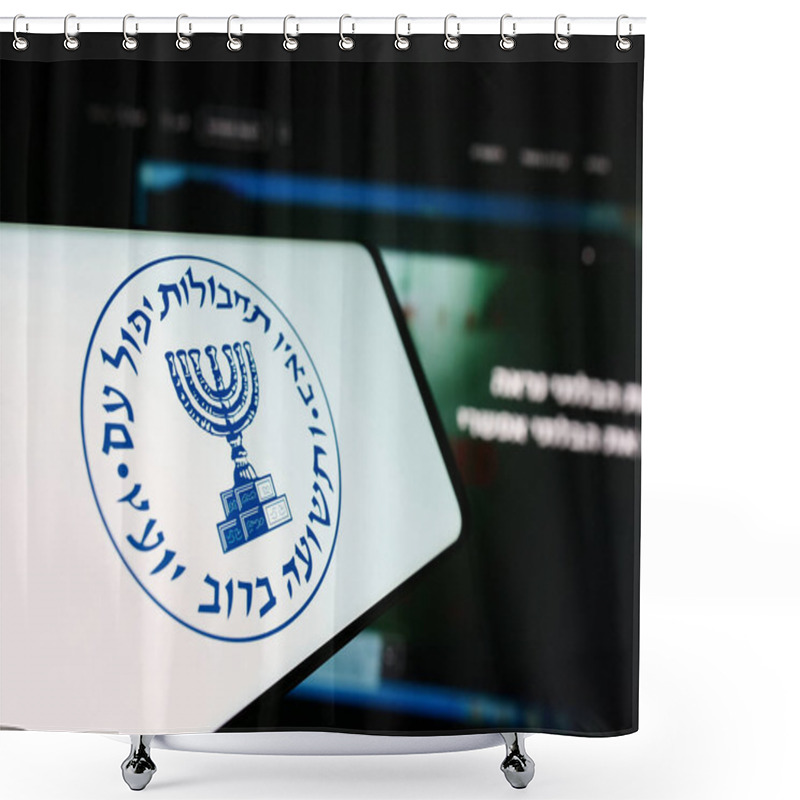 Personality  Stuttgart, Germany - 10-29-2023: Smartphone With Logo Of Israeli National Intelligence Agency Mossad In Front Of Website. Focus On Center Of Phone Display. Shower Curtains