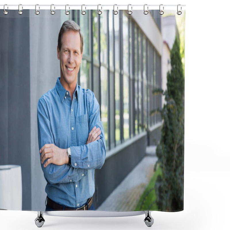 Personality  Smiling Businessman Posing With Crossed Arms Near Office Building  Shower Curtains