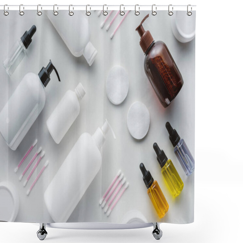 Personality  Flat Lay With Bottles Of Cream, Natural Oils And Cosmetic Pads On White Surface, Beauty Concept Shower Curtains