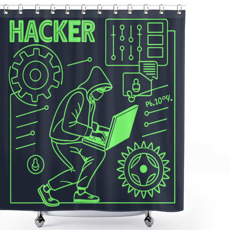 Personality  A Bold Vector Featuring Hacker Motifs In Neon Green Against Dark Backgrounds, Symbolizing Cybersecurity, Hacking Culture, And Technology. Shower Curtains