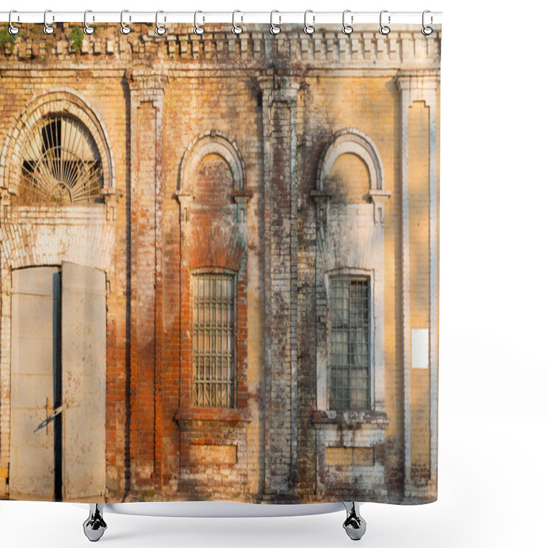 Personality  Abandoned Industrial Building. Old Brick Warehouse Building Facade. Shower Curtains