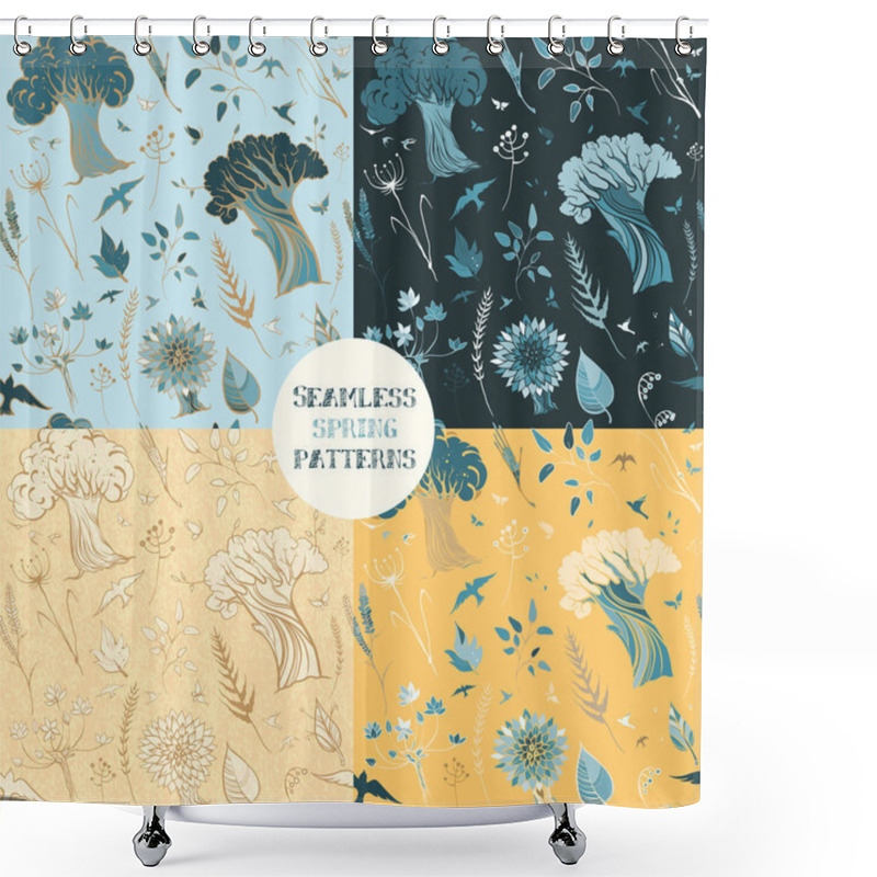 Personality  Four Seamless Spring Patterns With Plants, Birds And Butterflies Shower Curtains