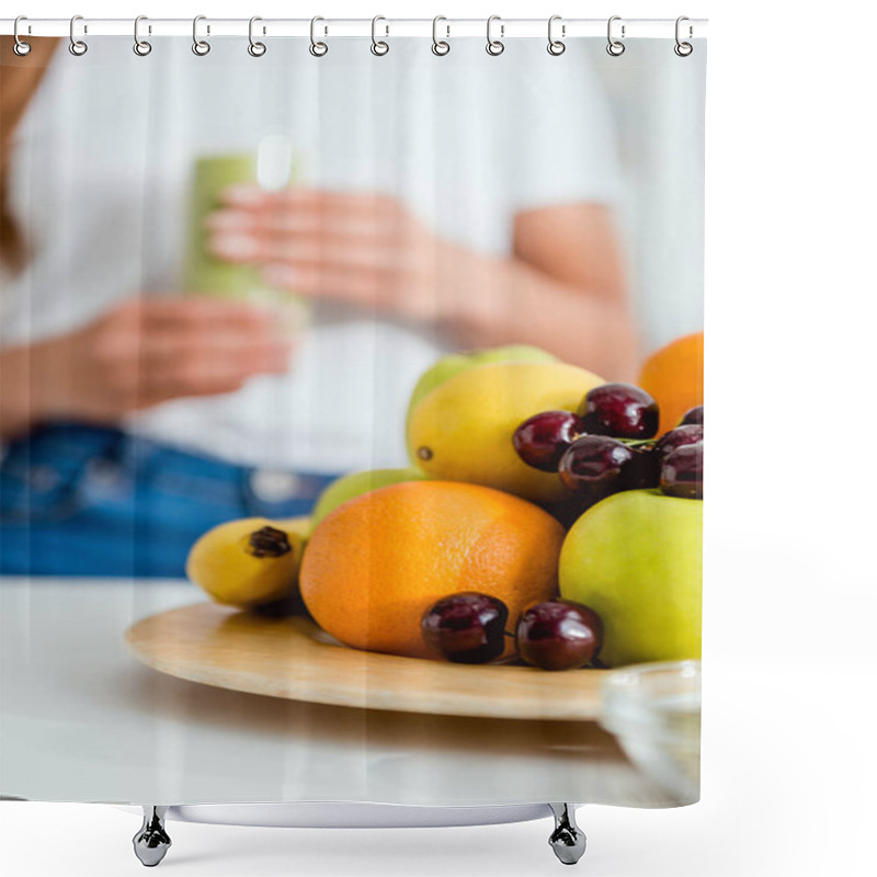 Personality  Selective Focus Of Ripe Delicious Fruits Near Girl  Shower Curtains