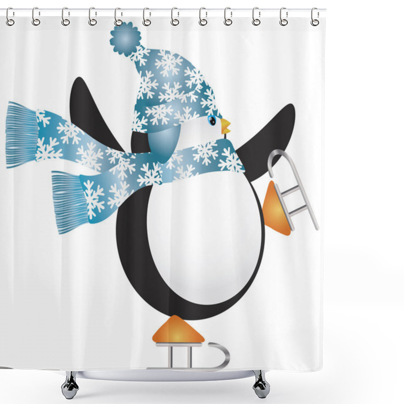 Personality  Penguin With Blue Hat Ice Skating Illustration Shower Curtains