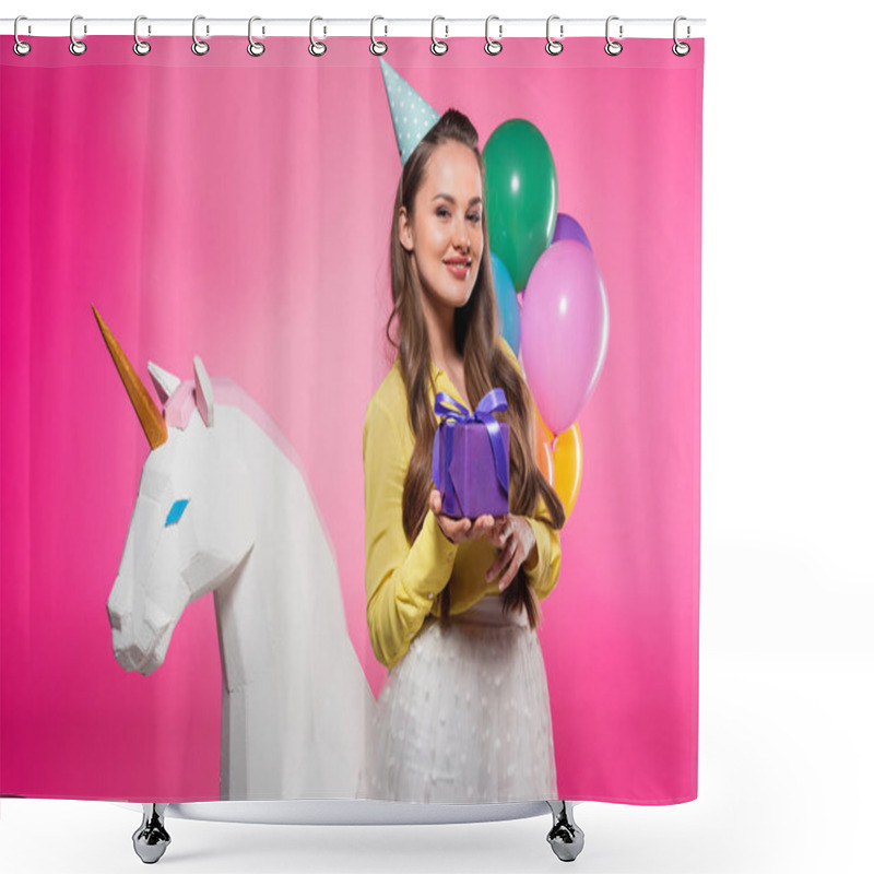 Personality  Attractive Woman With Party Hat And Gift Box Isolated On Pink Shower Curtains