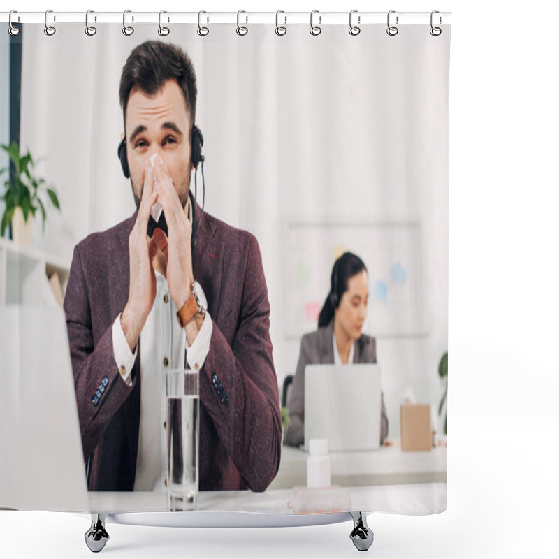 Personality  Sick Call Center Operator With Napkin Blowing Nose In Office Shower Curtains