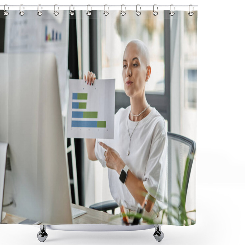 Personality  A Young Woman With A Bald Head Shares Insights On A Graph While Engaging With An Audience. Shower Curtains