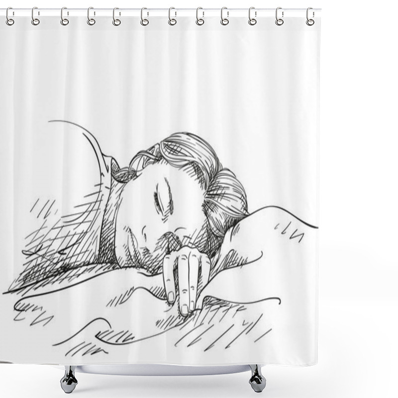 Personality  Sketch Of Young Sleeping Woman, Hand Drawn Vector Illustration Shower Curtains