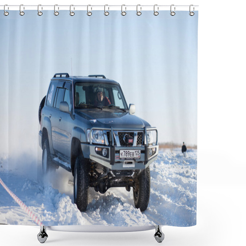 Personality  KHABAROVSK, RUSSIA - JANUARY 31, 2015: Nissan Patrol During Off Shower Curtains