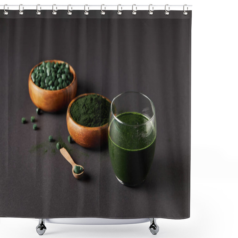 Personality  Arranged Wooden Spoon, Glass Of Fresh Smoothie From Spirulina, Bowls With Spirulina Powder And Spirulina Pills On Grey Table  Shower Curtains