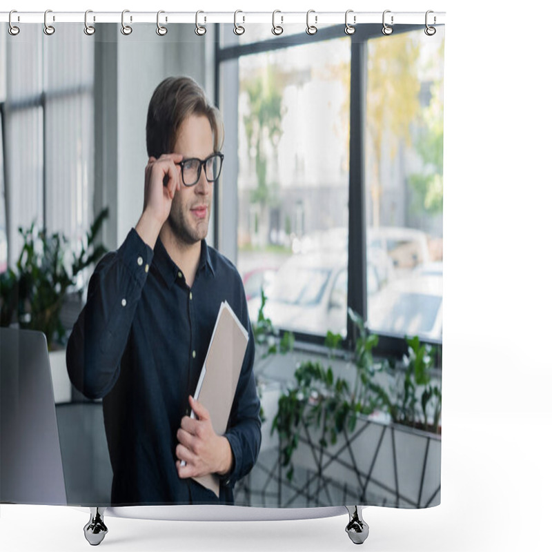 Personality  Programmer Holding Eyeglasses And Paper Folder Near Computer In Office  Shower Curtains