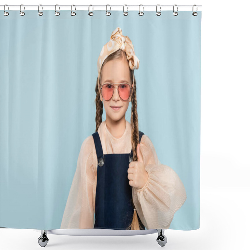 Personality  Little Girl In Sunglasses Showing Thumb Up Isolated On Blue Shower Curtains