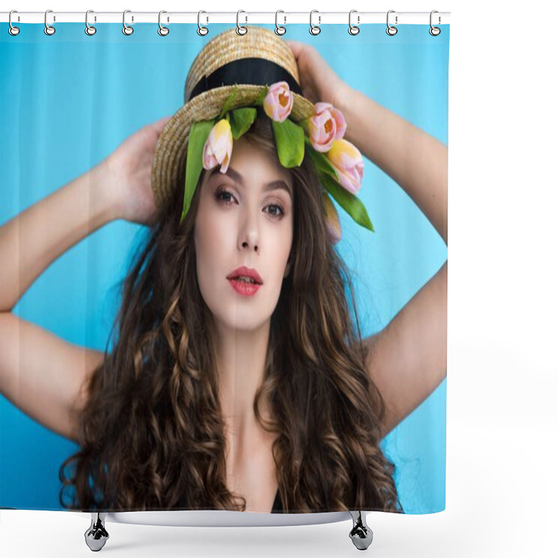 Personality  Attractive Young Woman In Canotier Hat With Pink Tulips Under It Shower Curtains