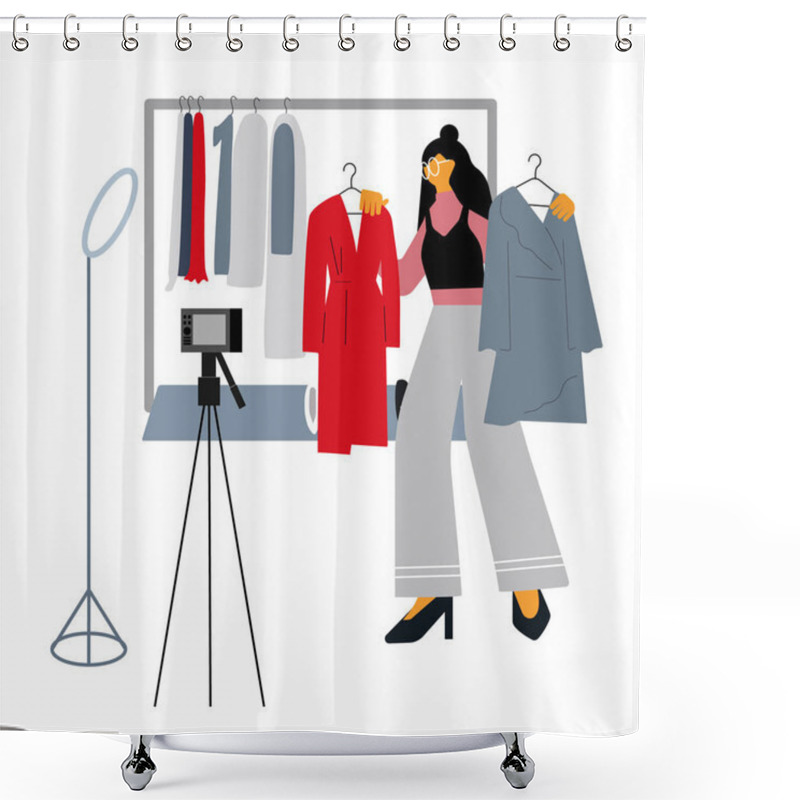 Personality  Fashion Blogger Giving Advices How Find Own Style And Make Right Choice Buying  Clothes. Young Girl Sharing Video With Followers. Influencer Concept. Flat Vector Illustration Shower Curtains