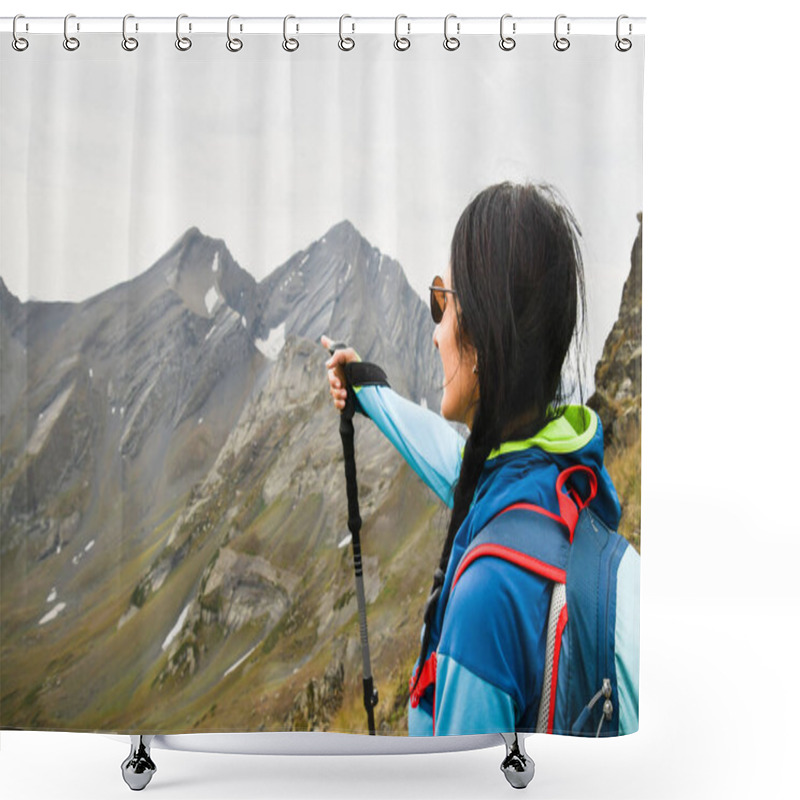 Personality  Close Up Young Caucasian Woman Hiker Stand On Viewpoint Show Destination Mountains Point Finger Left Outdoors Destination. Guide Young Woman In Mountains Shower Curtains