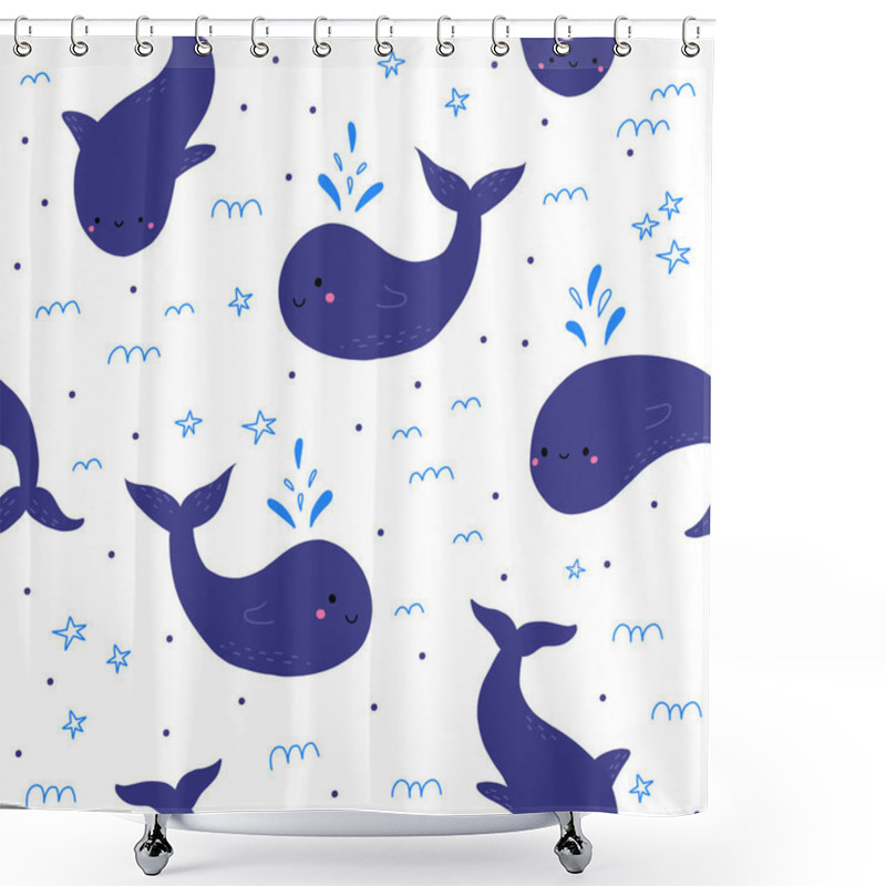 Personality  Cute Seamless Pattern With Whale. Beautiful Seamless Wallpaper With Cute Whales On A White Background Shower Curtains