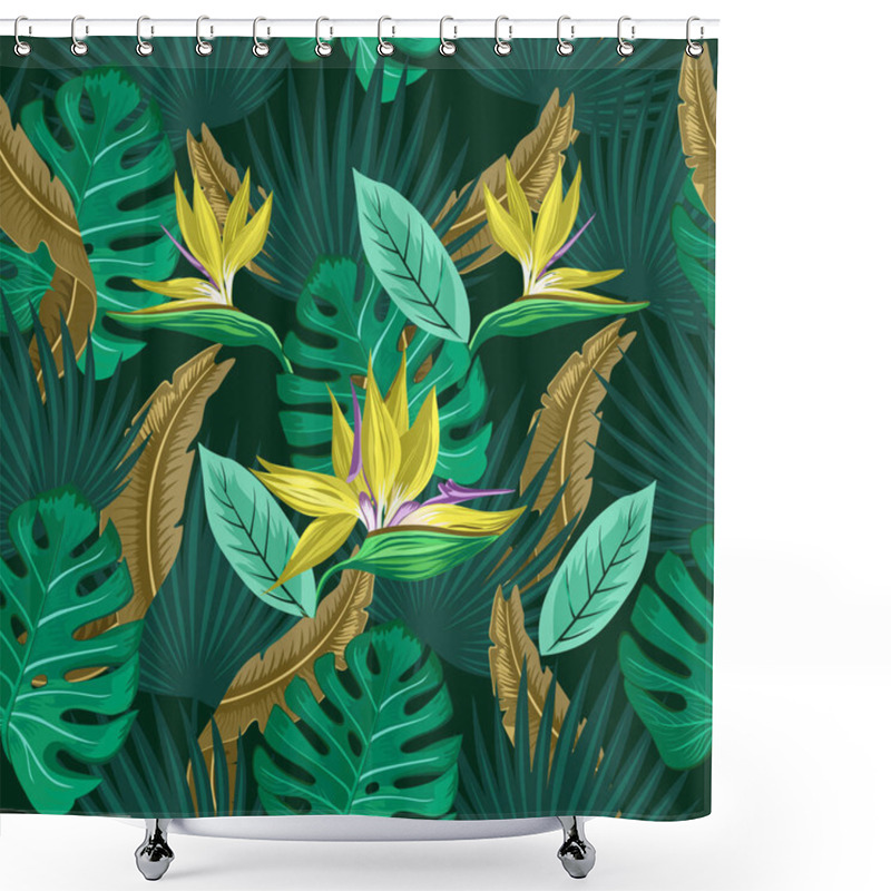 Personality  Vector Seamless Tropical Pattern, Vivid Tropic Foliage, With Monstera Leaf, Palm Leaves, Bird Of Paradise Flower. Pattern Trend Design. Shower Curtains