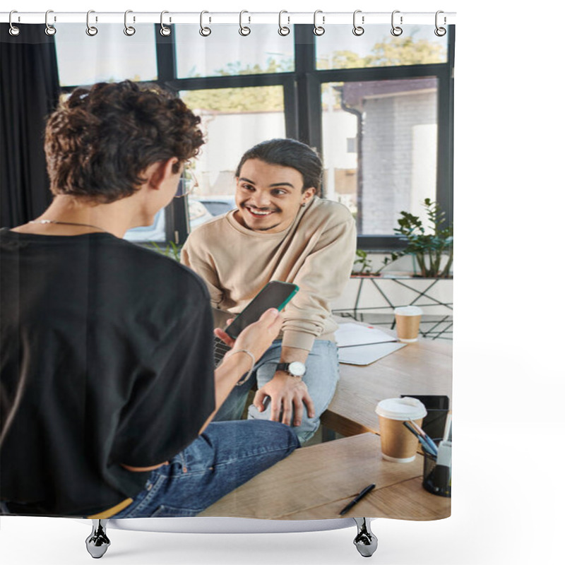 Personality  Happy Young Professionals With Laptop And Smartphone Discussing Startup Project, Men In Their 20s Shower Curtains