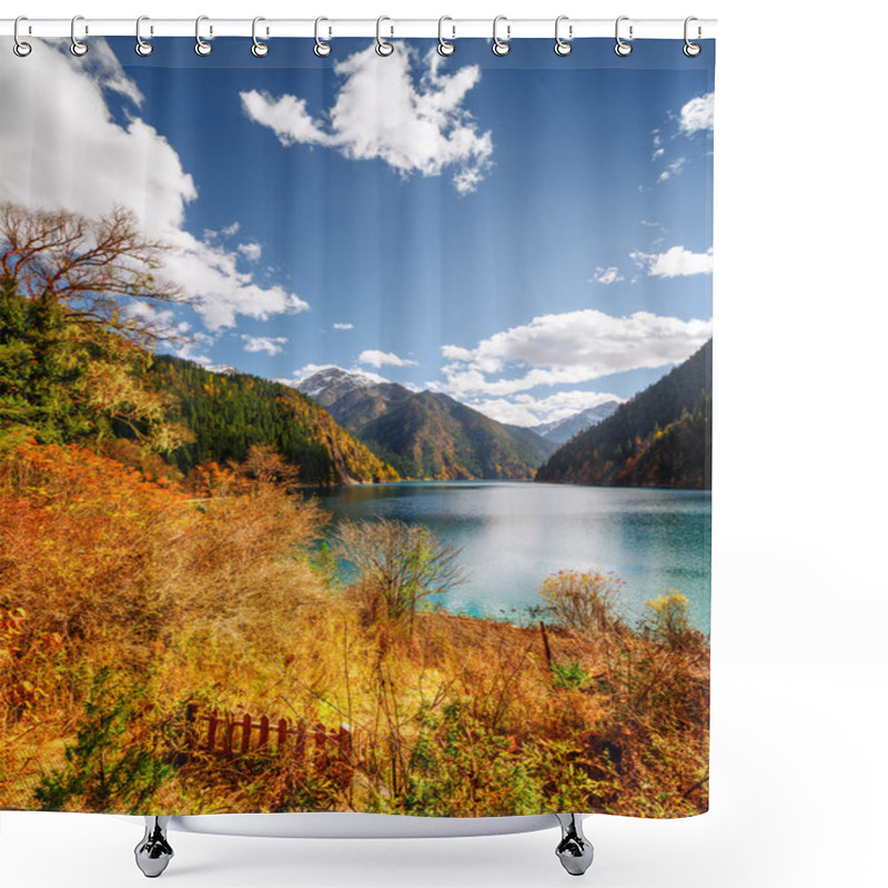 Personality  Amazing View Of The Long Lake Among Fall Woods And Mountains Shower Curtains