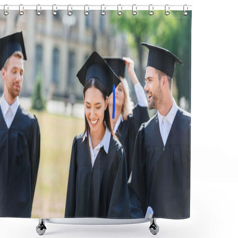 Personality  Smiling Young Graduated Students In Capes On University Garden Shower Curtains