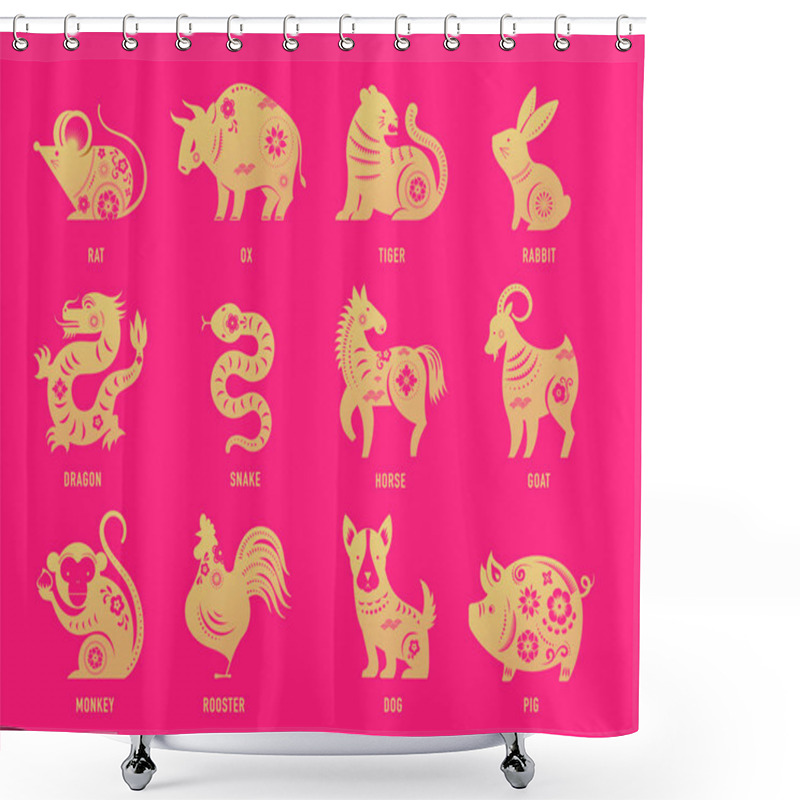 Personality  Chinese New Year, Zodiac Signs, Papercut Icons And Symbols. Vector Illustrations Shower Curtains