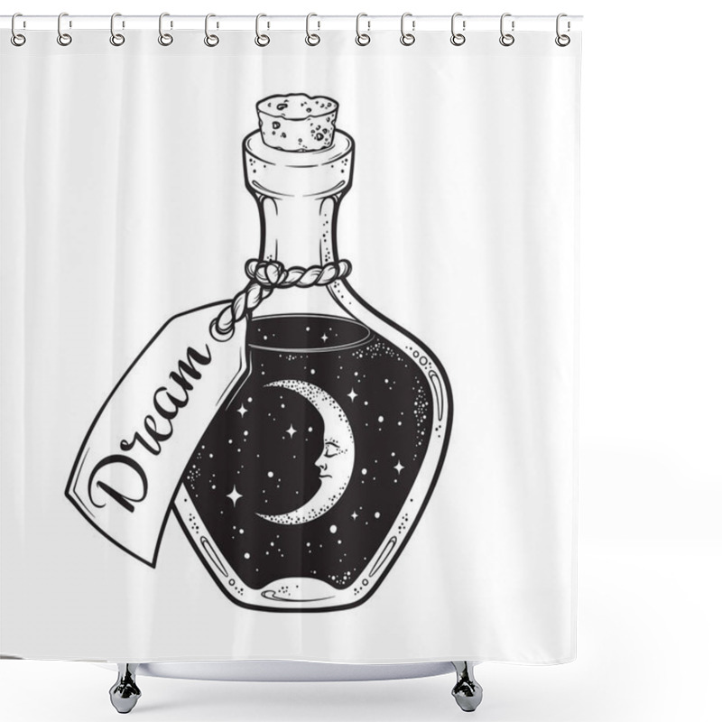 Personality  Hand Drawn Dream In Bottle Or Wish Jar With Crescent Moon And Stars Isolated. Sticker, Print Or Tattoo Design Vector Illustration Shower Curtains