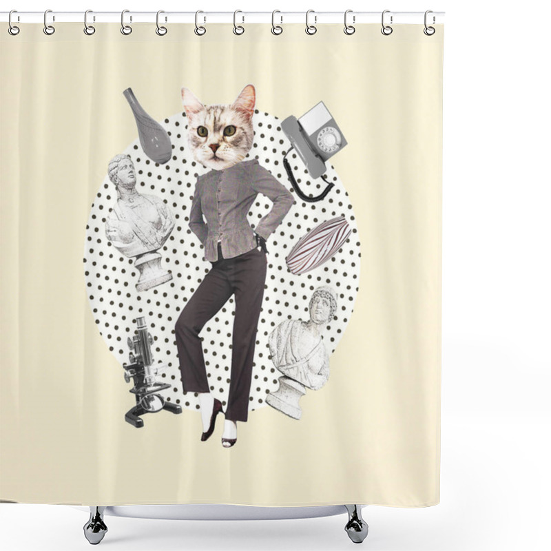 Personality  Contemporary Art Creative Collage. Zine Design. Paris  Lady Cat And Vintage Objects Around. Retro Style Concept Shower Curtains