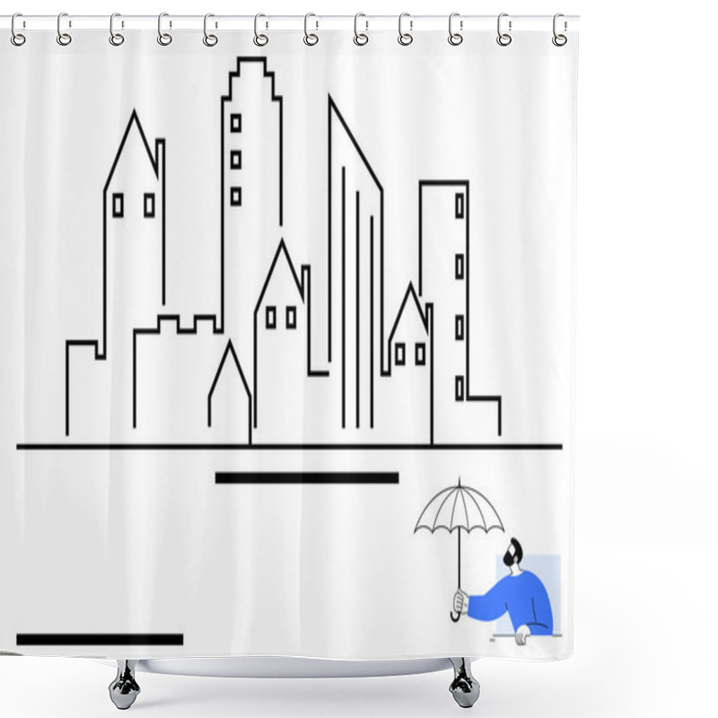 Personality  Outline Of City Buildings With Person Holding Umbrella In Corner. Ideal For Urban Safety, Insurance, Protection, Real Estate, Sustainability, Resilience, Abstract Line Flat Metaphor Shower Curtains