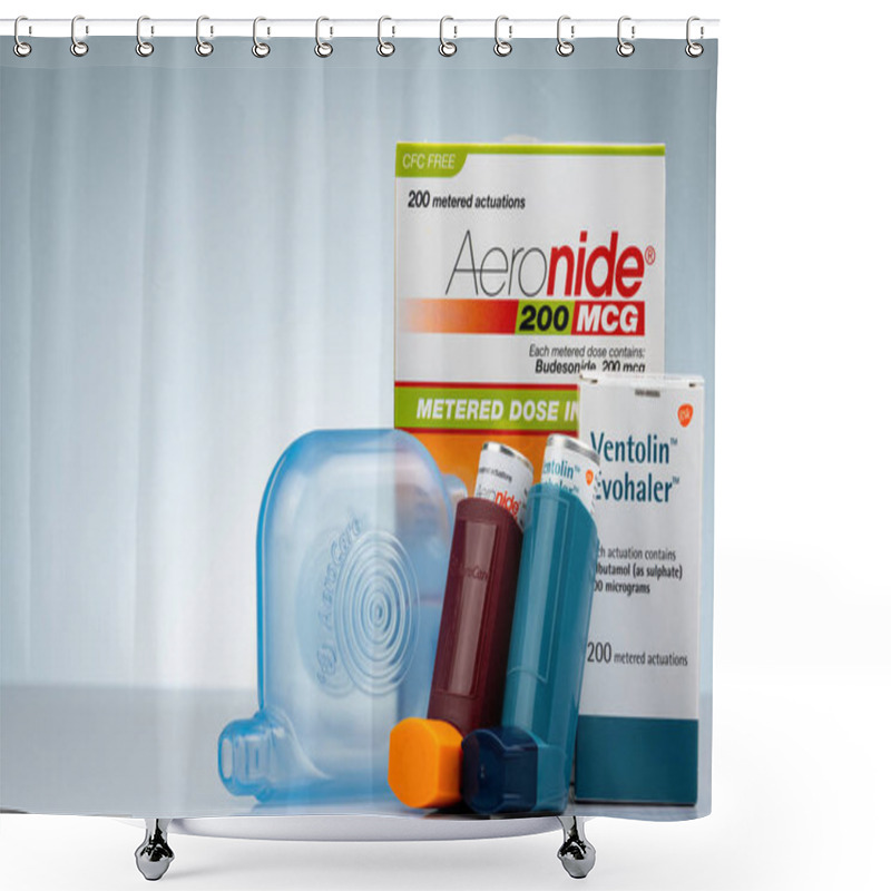 Personality  CHONBURI, THAILAND-OCTOBER 11, 2018 : Aeronide Inhaler And Ventolin Evohaler And Spacer Isolated On Gradient Background. Asthma Inhaler. Steroids And Bronchodilator Medicine For Treatment Asthma. Shower Curtains