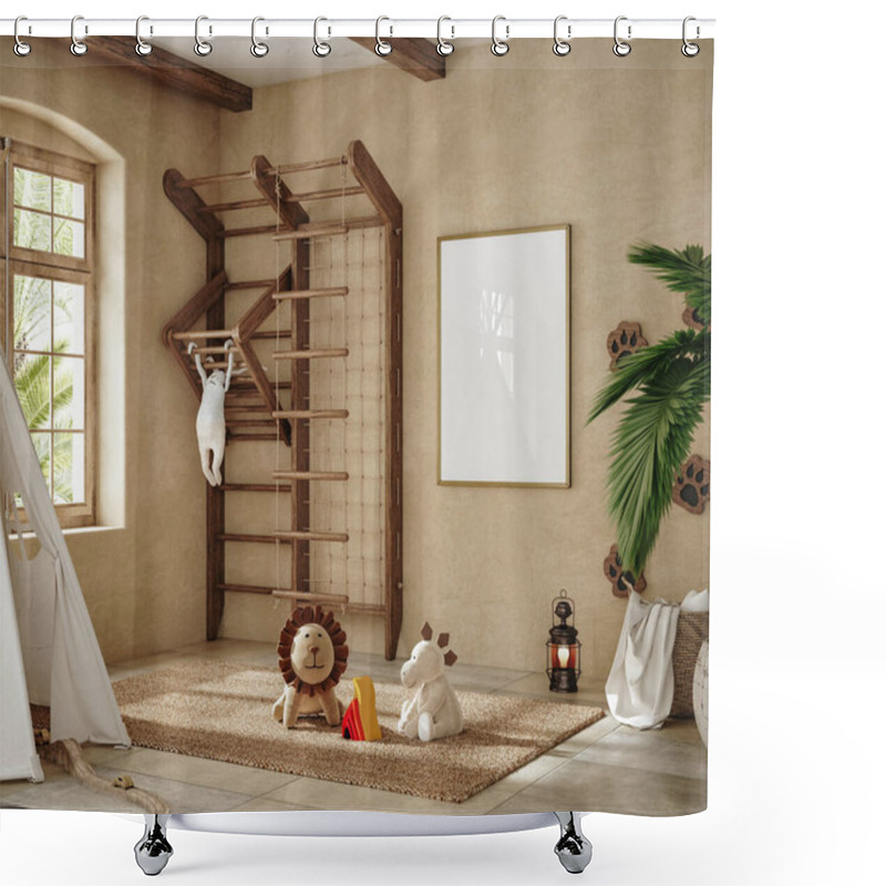 Personality  Blank Wall Mockup In Children Room Interior Background, 3D Render Shower Curtains