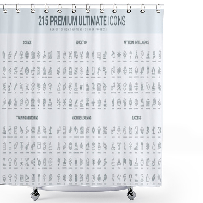 Personality  Science Research And Education, AI And Machine Learning Thin Black Line Icons Set Vector Illustration. Outline Symbols Of Digital Technology, Success Of Training And Mentoring, Robot Equipment Shower Curtains