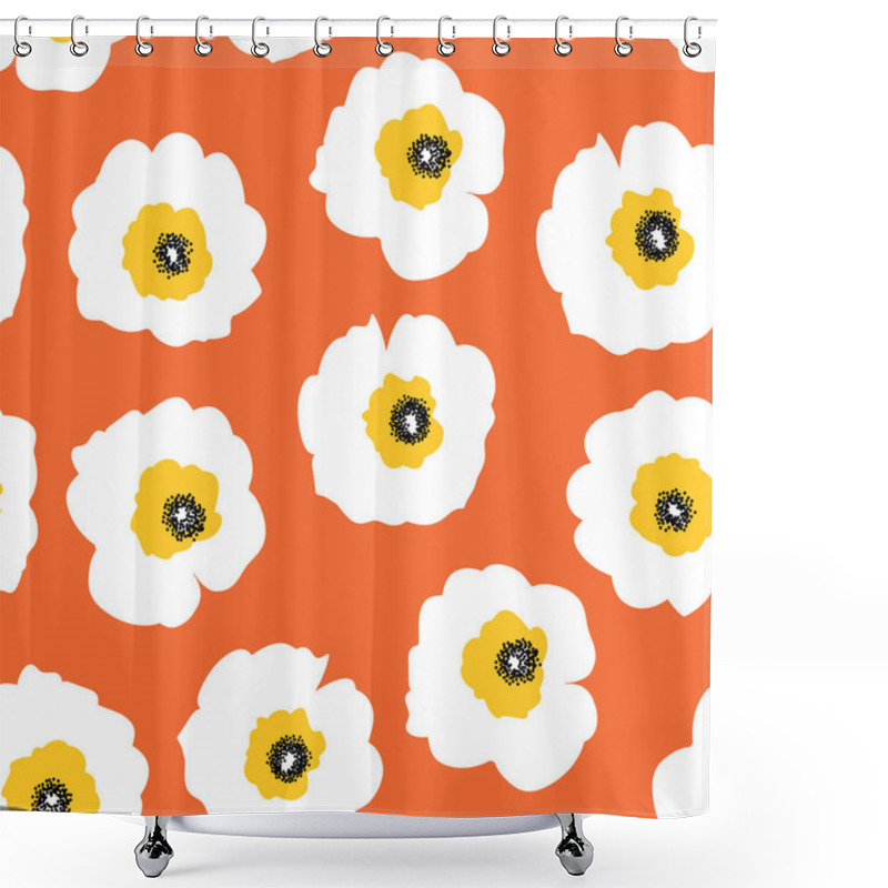 Personality  White Flowers On Orange Seamless Vector Retro Pattern. Repeating Floral Background Scandinavian Style. Vintage Style. Use For Fabric, Wallpaper, Home Decor Shower Curtains