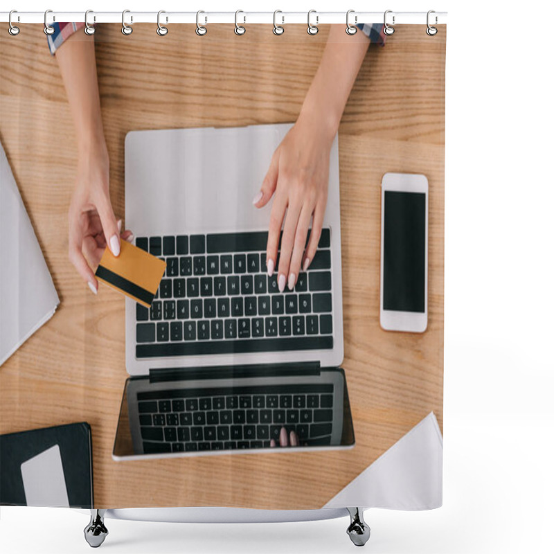 Personality  Partial View Of Woman With Credit Card Making Purchase Online At Wooden Tabletop Shower Curtains