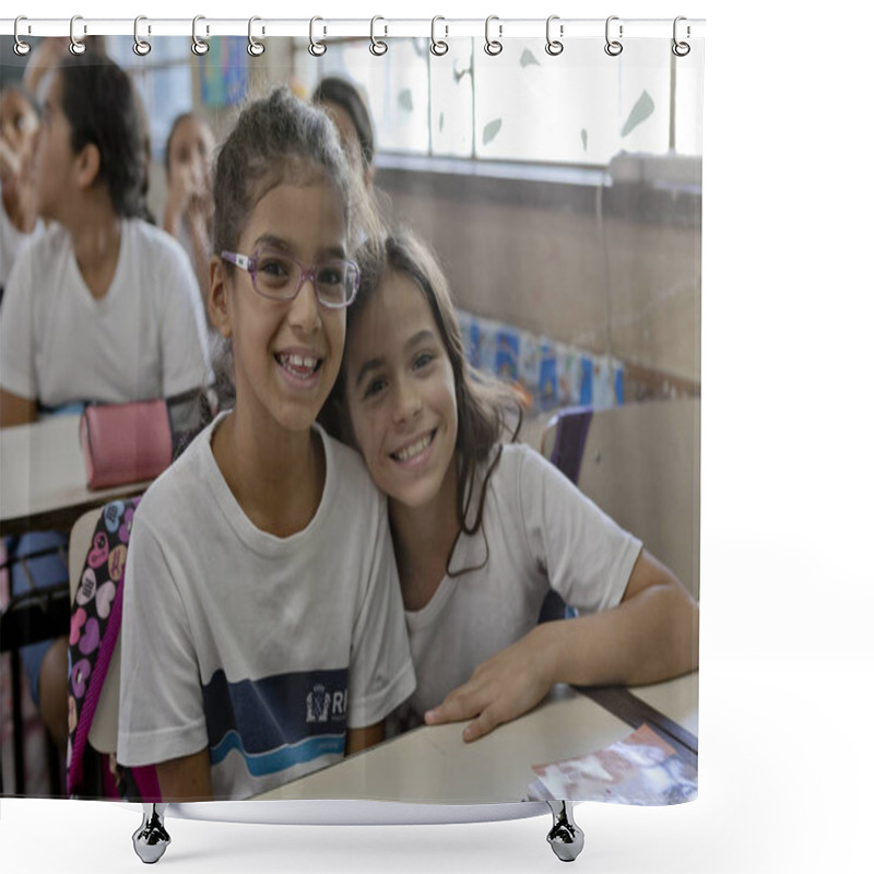 Personality  Rio De Janeiro, Brazil - July 2, 2015: Schoolgirls In Uniform Looking And Smiling At The Camera With Classroom And Classmates Out Of Focus Blurred In The Background And Books On Their Desk In Front Shower Curtains